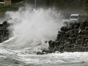 High waves triggered by Typhoon Haishen crash against the coast in Kagoshima, Kagoshima prefecture, in southwestern Japan Sept. 6, 2020, in this photo taken by Kyodo.