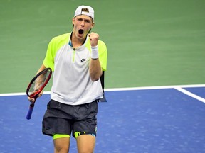 Denis Shapovalov of Canada reacts to winning the third set against David Goffin of Belgium on Day 7 of the 2020 U.S. Open tennis tournament at USTA Billie Jean King National Tennis Center in Flushing Meadows, N.Y., Sept. 6, 2020.