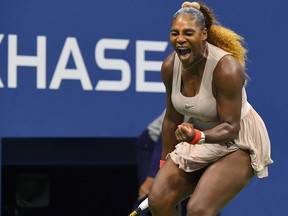 Serena Williams of the United States reacts in the third set against Victoria Azarenka of Belarus in the women's singles semifinals match on day eleven of the 2020 U.S. Open tennis tournament at USTA Billie Jean King National Tennis Center.