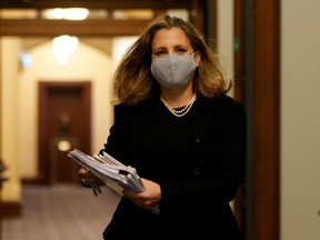 Deputy Prime Minister and Minister of Finance Chrystia Freeland arrives to a news conference on Parliament Hill in Ottawa, Sept. 24, 2020.