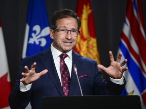 Bloc Quebecois Leader Yves-Francois Blanchet holds a press conference on Parliament Hill in Ottawa on Wednesday, Sept. 30, 2020.
