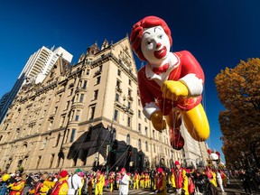 The Ronald McDonald balloon floats down Central Park West during the 91st Annual Macy's Thanksgiving Day Parade on Nov. 23, 2017 in New York City.