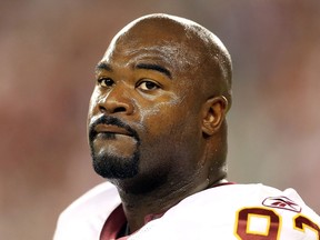 Defensive tackle Albert Haynesworth of the Washington Redskins stands on the sidelines during a game against the Arizona Cardinals at the University of Phoenix Stadium on September 2, 2010 in Glendale, Arizona.
