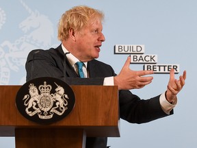 British Prime Minister Boris Johnson delivers a speech at Exeter College Construction Centre September 29, 2020.