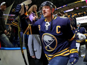 Jack Eichel of the Buffalo Sabres takes to the ice for warmups before a game against the Detroit Red Wings at KeyBank Center on February 11, 2020 in Buffalo.