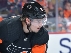 Robert Hagg of the Philadelphia Flyers looks on against the Columbus Blue Jackets at Wells Fargo Center on December 22, 2018 in Philadelphia, Pennsylvania.