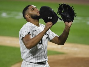 Jimmy Cordero of the Chicago White Sox reacts after pitching in the ninth inning against the Minnesota Twins at Guaranteed Rate Field on Sept. 16, 2020 in Chicago, Ill.