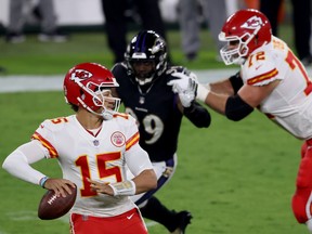 Quarterback Patrick Mahomes #15 of the Kansas City Chiefs passes against the Baltimore Ravens at M&T Bank Stadium on September 28, 2020 in Baltimore, Maryland.