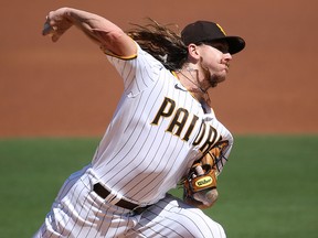 Mike Clevinger of the San Diego Padres pitches against the Los Angeles Angels at PETCO Park on September 23, 2020 in San Diego.