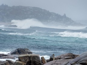 Waves pound the shore in Peggy's Cove, N.S., on Tuesday, Sept. 22, 2020.