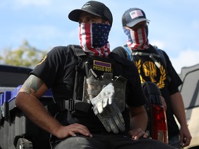 Members of the far-right group Proud Boys attend a rally in Portland, Oregon, September 26, 2020.