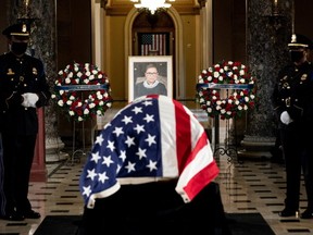 Justice Ruth Bader Ginsburg lies in state in Statuary Hall of the U.S. Capitol building in Washington, D.C., Friday, Sept. 25, 2020.