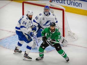 Tampa Bay Lightning goaltender Andrei Vasilevskiy and defenceman Zach Bogosian (24) defend against Dallas Stars centre Andrew Cogliano during Game 6 of the Stanley Cup Final. Only 2.95 million viewers in the U.S. tuned in to watch the game.