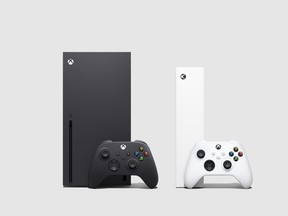 Xbox Series X, left, and PlayStation 5 gaming consoles are pictured in this combination photo.