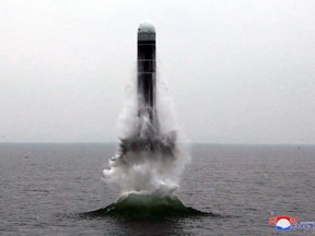 This picture taken on the morning of Oct. 2, 2019 and released by North Korea's official Korean Central News Agency (KCNA) on Oct. 3, 2019 shows the test-firing of "the new-type SLBM Pukguksong-3" in the waters off Wonsan Bay of the East Sea of Korea.