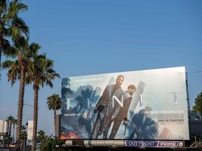 This file photo taken on August 19, 2020 shows a billboard for Christopher Nolan's film "Tenet" on the Sunset Strip, August 19, 2020, in West Hollywood, California.