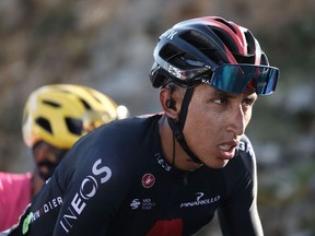 Team Ineos rider Colombia's Egan Bernal rides during the 15th stage of the 107th edition of the Tour de France cycling race, 175 km between Lyon and Grand Colombier, on September 13, 2020.