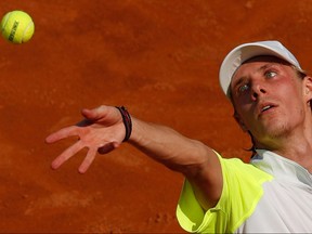 Denis Shapovalov of Canada serves to Guido Pella of Argentina on day two of the Internazionali BNL D'Italia ATP tour at Foro Italico on Sept. 15, 2020 in Rome, Italy.