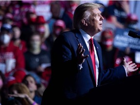 US President Donald Trump speaks during a rally at Newport News/Williamsburg International September 25, 2020, in Newport News, Virginia.