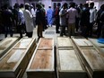 Coffins of victims are seen at a hospital, after a gas pipeline blast at a mosque in Narayanganj, near Dhaka, Bangladesh, September 5, 2020.