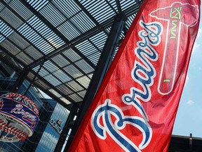 The logo of the Major League Baseball (MLB) team Atlanta Braves is seen near Truist Park in Atlanta, Georgia, U.S. June 20, 2020.