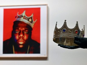 The crown worn by rapper Christopher Wallace, also known as The Notorious B.I.G. when photographed as the King of New York, is displayed during a press preview at Sotheby's for their Inaugural HIP HOP Auction in New York City, Thursday, Sept. 10, 2020.