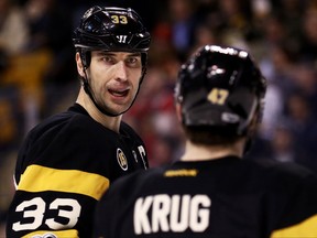 Veteran defenceman Zdeno Chara (left) wants to return for another season with the Bruins, while teammate Torey Krug could be in line for a massive raise in 2020-21.