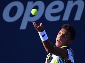 Felix Auger-Aliassime of Canada hits the ball against Corentin Moutet of France on Day 6 of the 2020 U.S. Open tennis tournament at USTA Billie Jean King National Tennis Center in Flushing Meadows, N.Y., Sept. 5, 2020.