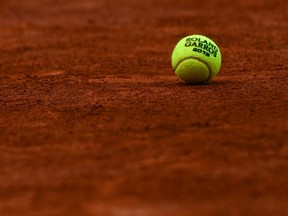 An official French Open ball is pictured during the 2019 tournament in Paris, June 6, 2019.