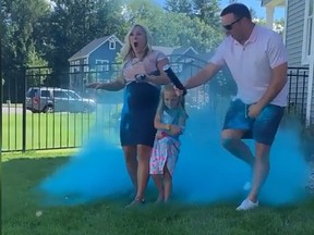 A video screen grab shows Tom Cressotti's reaction during a gender reveal party.
