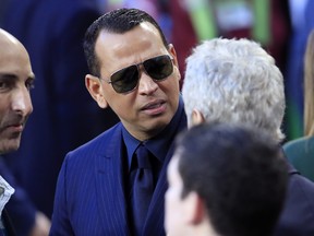 Former MLB player Alex Rodriguez looks on before Super Bowl LIV between the San Francisco 49ers and the Kansas City Chiefs at Hard Rock Stadium on Feb. 2, 2020 in Miami, Fla.