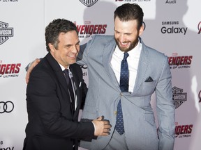 Mark Ruffalo and  Chris Evans attend the premiere of Marvel's "Avengers: Age Of Ultron" at the Dolby Theatre on April 13, 2015 in Hollywood, California.