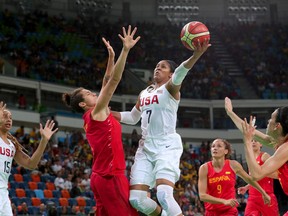 Maya Moore of United States goes to the basket against Laura Nicholls of Spain during the Women's Gold Medal Game between United States and Spain on Day 15 of the Rio 2016 Olympic Games at Carioca Arena 1 on August 20, 2016 in Rio de Janeiro, Brazil.