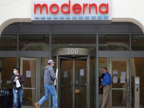 A sign marks the headquarters of Moderna Therapeutics, which is developing a vaccine against the coronavirus disease (COVID-19), in Cambridge, Massachusetts, U.S., May 18, 2020.