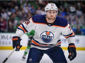 Edmonton Oilers center Leon Draisaitl  in action during the game between the Stars and the Oilers at the American Airlines Center.