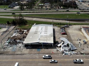 Buildings damaged by Hurricane Laura are seen in an aerial photograph in Lake Charles, Louisiana, Aug. 30, 2020.