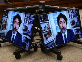 Prime Minister Justin Trudeau appears as a witness via videoconference during a House of Commons finance committee in the Wellington Building on Thursday, July 30, 2020.