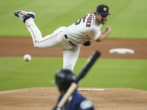 Houston Astros starting pitcher Justin Verlander (35) delivers a pitch against the Seattle Mariners at Minute Maid Park.