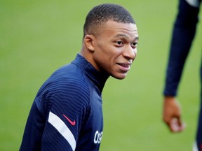 France's Kylian Mbappe during training in Saint-Denis, France.