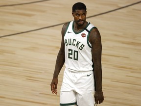 Marvin Williams of the Milwaukee Bucks looks on after a fight with James Ennis III of the Orlando Magic in Game 3 of the Eastern Conference First Round during the 2020 NBA Playoffs at The Field House at ESPN Wide World Of Sports Complex on Aug. 22, 2020 in Lake Buena Vista, Fla.