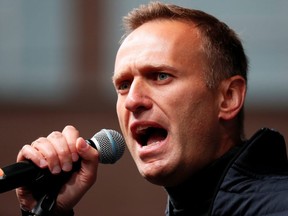 Russian opposition leader Alexei Navalny delivers a speech during a rally to demand the release of jailed protesters in Moscow September 29, 2019.