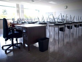 An empty school classroom.