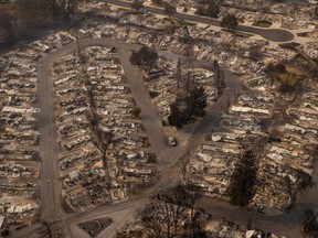 In this aerial view from a drone, homes destroyed by fire are shown on September 10, 2020 in Phoenix, Oregon.
