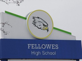 Sign in front of Fellowes High School in Pembroke, Ont., on March 25, 2020.