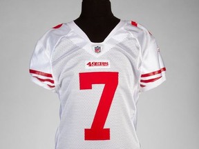 Colin KaepernickÕs signed San Francisco 49ersÕ jersey, worn for his NFL rookie debut in October 2011, is seen in an undated handout photo before going up for sale at JulienÕs Auctions in Beverly Hills, California on Dec. 4, 2020.
