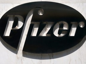 A sign is pictured outside Pfizer Headquarters in the Manhattan borough of New York July 22, 2020.