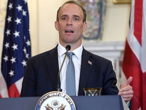 British Foreign Secretary Dominic Raab speaks during a news conference with U.S. Secretary of State Mike Pompeo at the State Department in Washington, U.S., September 16, 2020.