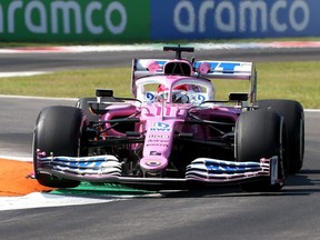 Racing Point's Sergio Perez drives during the first practice session at the Autodromo Nazionale circuit in Monza on September 4, 2020 ahead of the Italian Grand Prix.