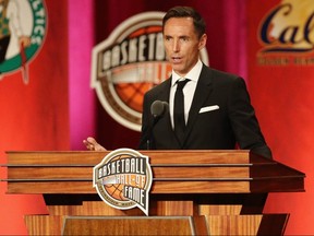 Naismith Memorial Basketball Hall of Fame Class of 2018 enshrinee Steve Nash speaks during the Enshrinement Ceremony at Symphony Hall on Sept. 7, 2018 in Springfield, Massachusetts.