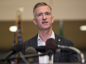 Portland Mayor Ted Wheeler speaks to the media at City Hall on August 30, 2020 in Portland, Oregon.